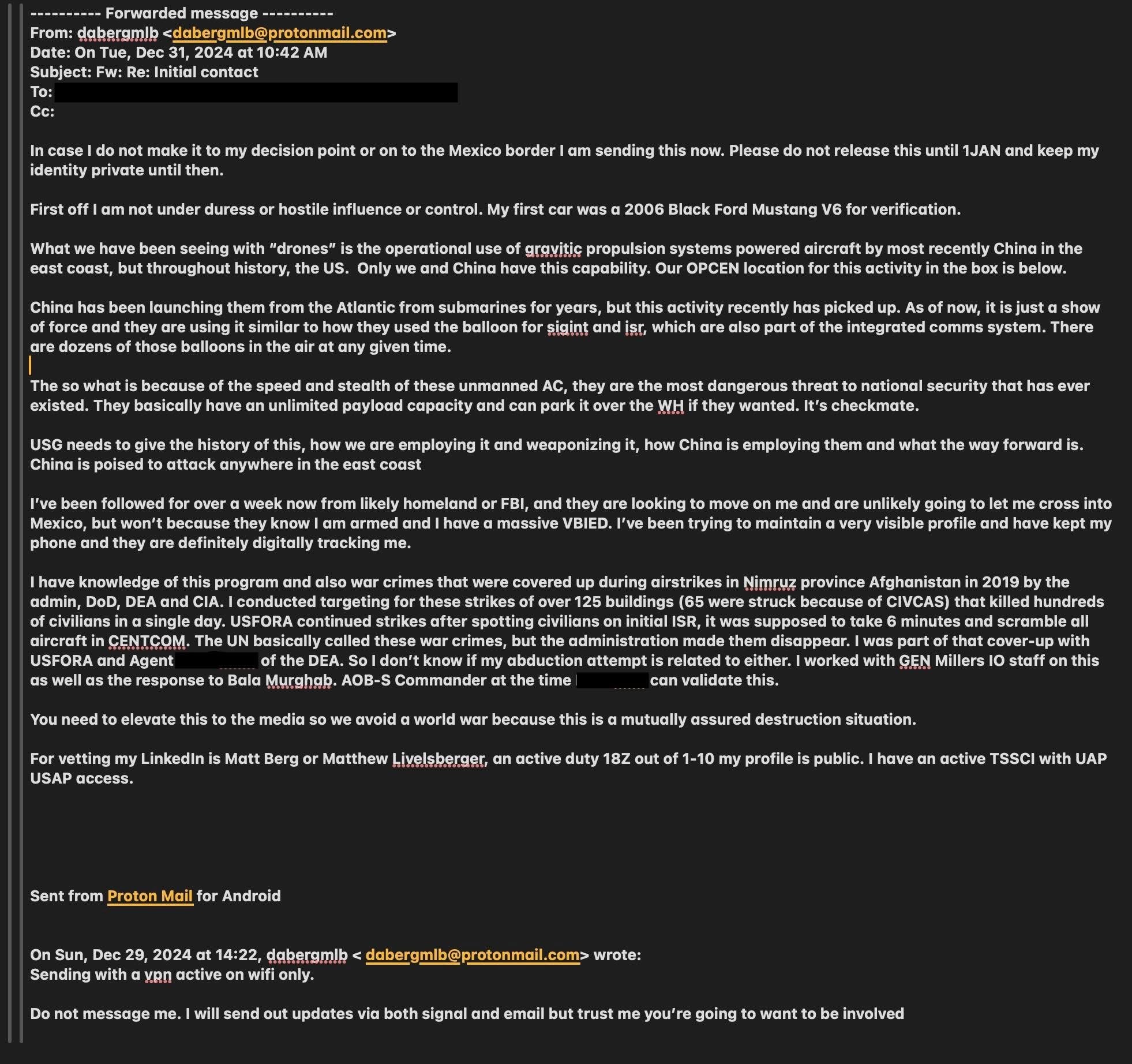 Email Sent From Mathew Livelsberger Sent Sunday, December 29, 2024 at 14:22