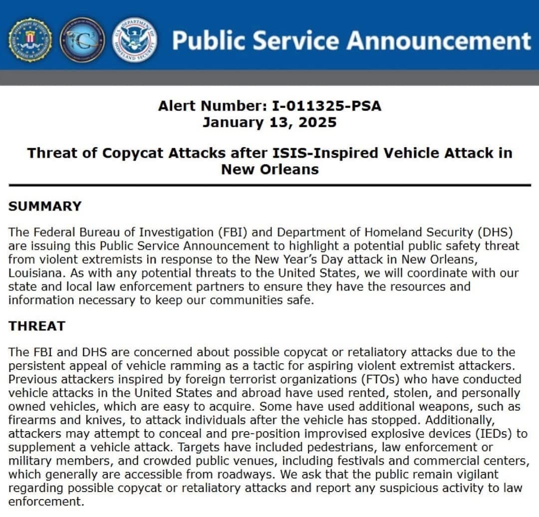 Threat of Copycat Attacks after ISIS-Inspired Vehicle Attack in New Orleans
